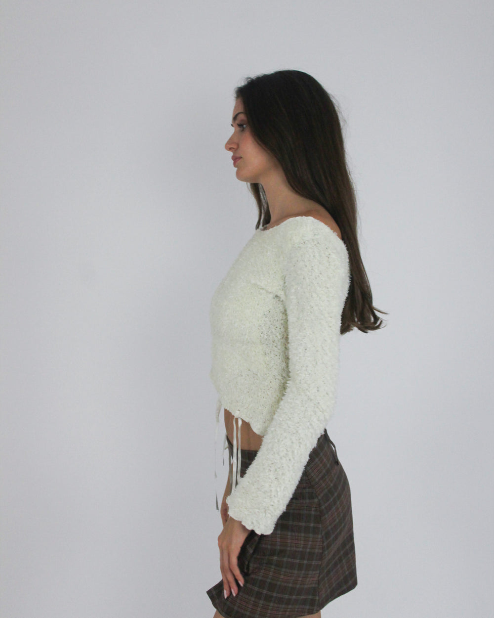 gossip girl drop | small cream lace-up fuzzy top with ribbon detail