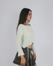 gossip girl drop | small cream lace-up fuzzy top with ribbon detail