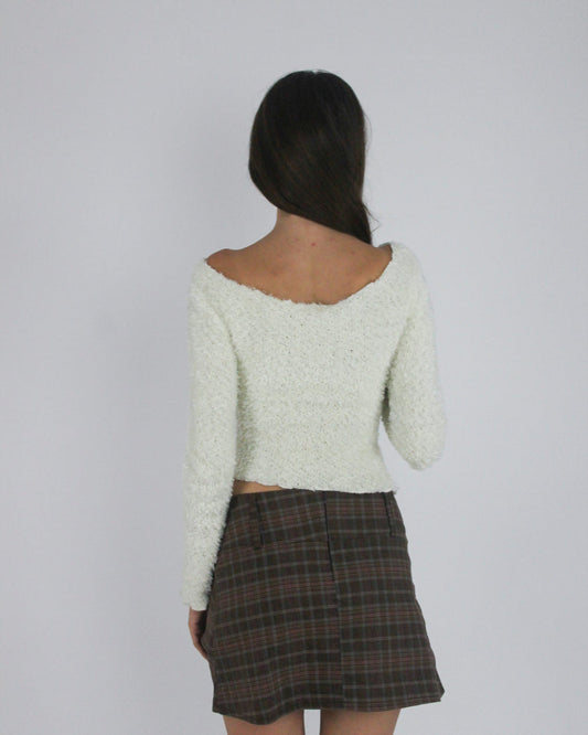 gossip girl drop | small cream lace-up fuzzy top with ribbon detail