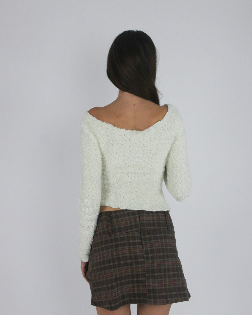 gossip girl drop | small cream lace-up fuzzy top with ribbon detail