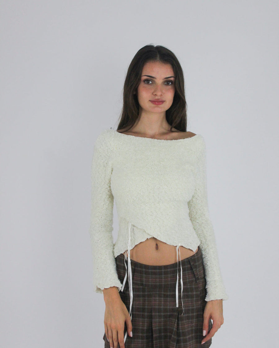 gossip girl drop | small cream lace-up fuzzy top with ribbon detail