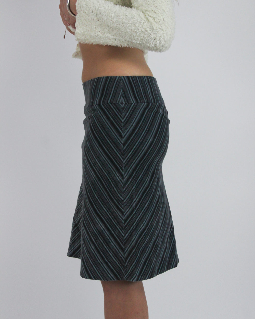 gossip girl drop | small black and blue pinstripe midi skirt