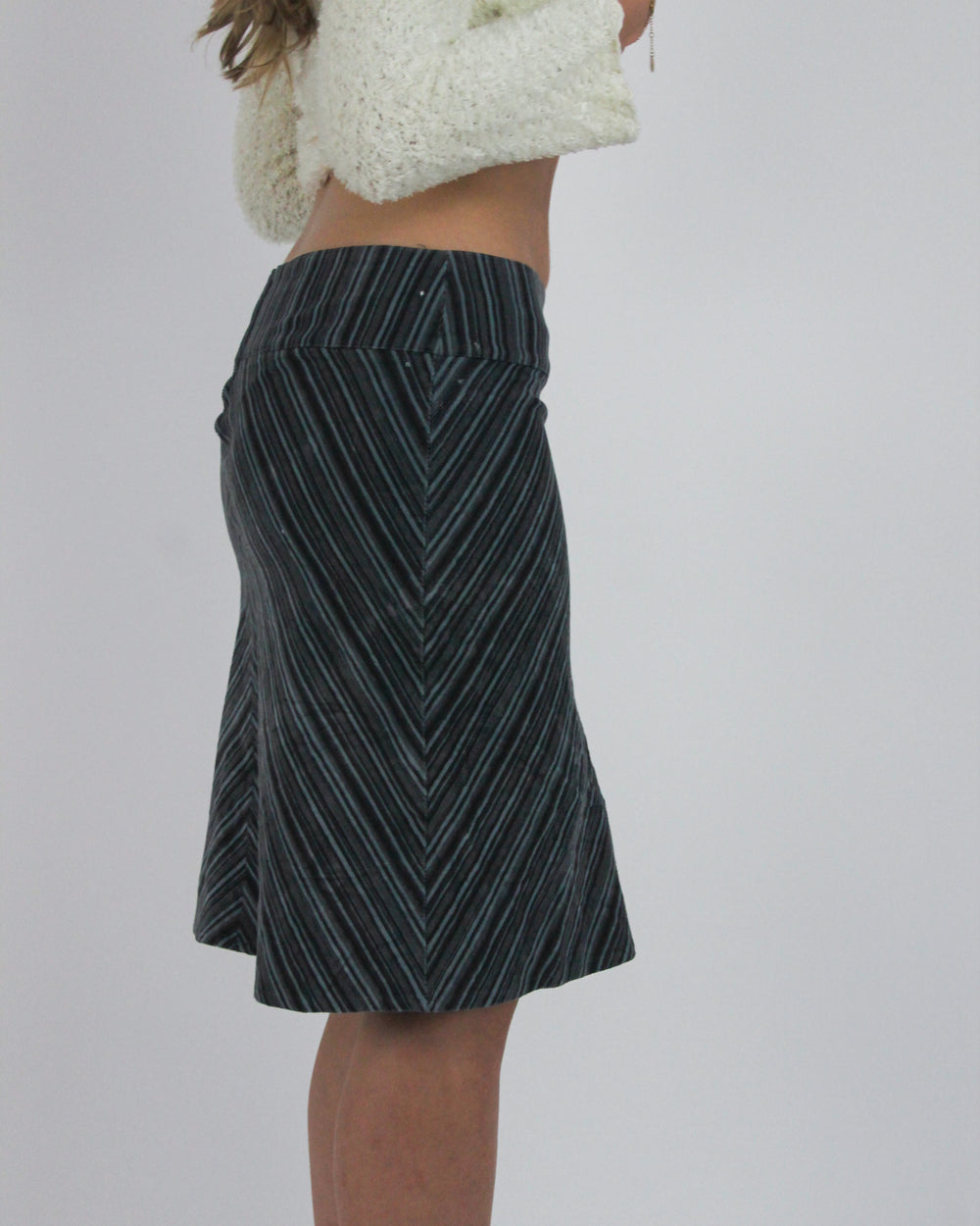 gossip girl drop | small black and blue pinstripe midi skirt