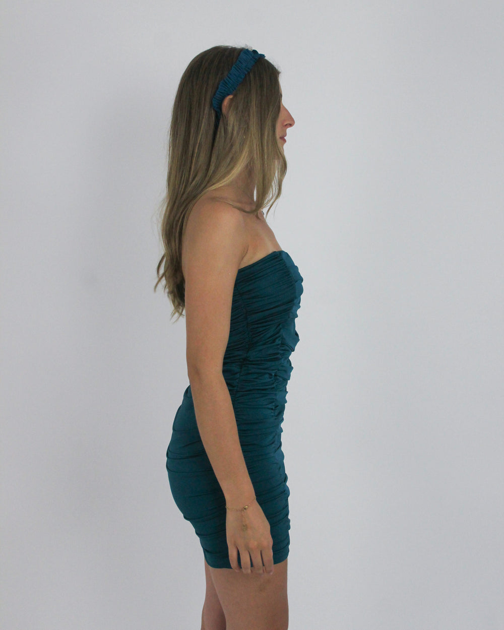 gossip girl drop | medium teal strapless ruched mini dress