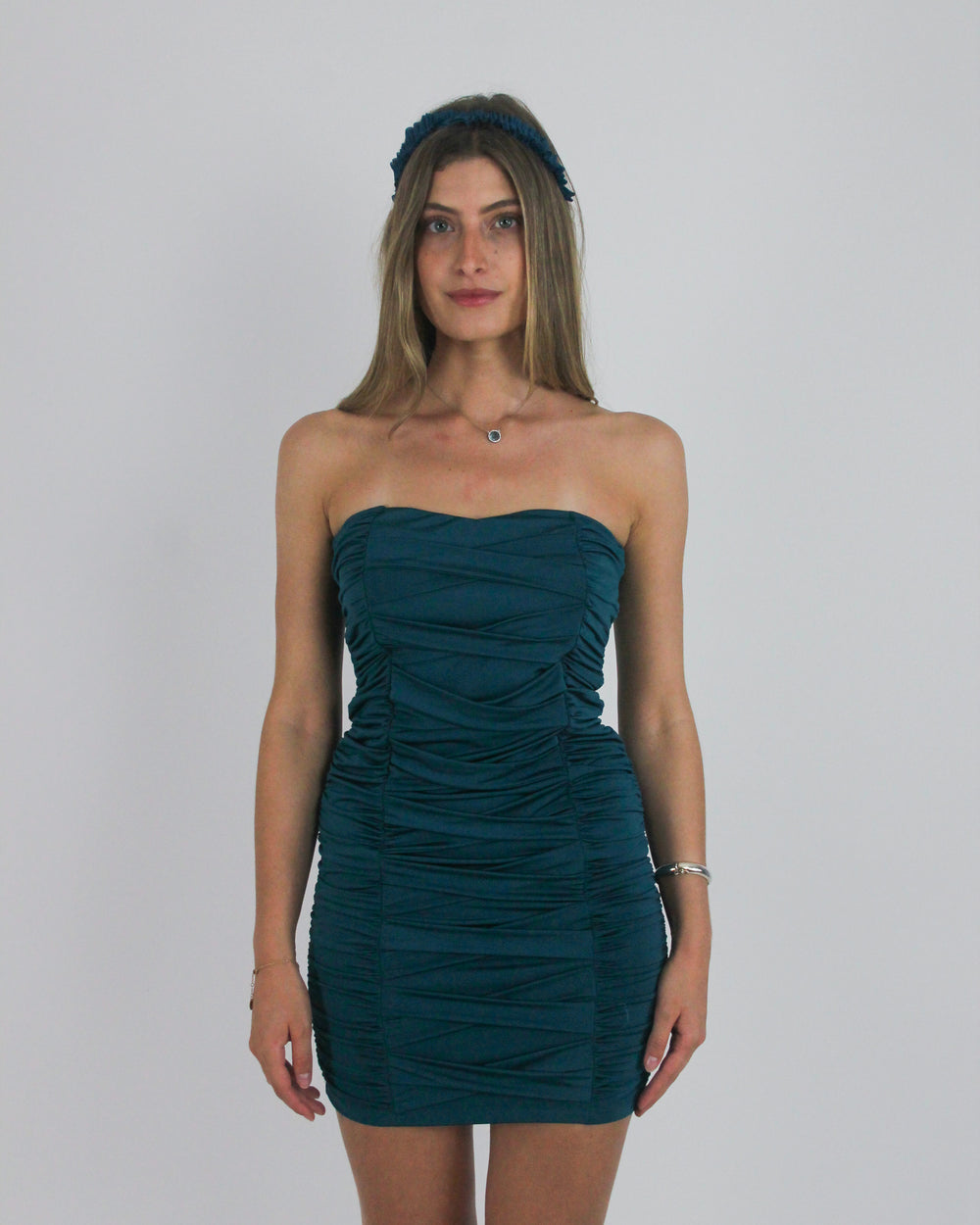 gossip girl drop | medium teal strapless ruched mini dress