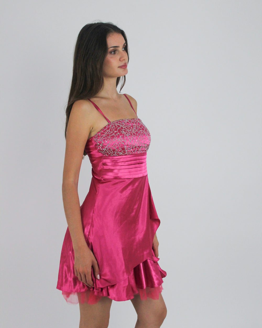 gossip girl drop | small pink sequin and ruffle mini dress