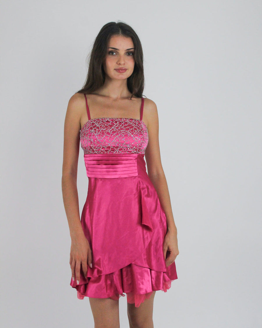 gossip girl drop | small pink sequin and ruffle mini dress