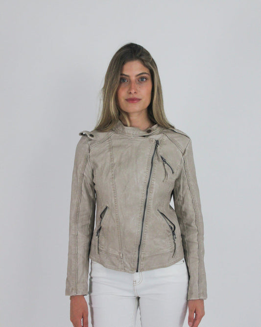 gossip girl drop | small taupe fitted leather-look jacket