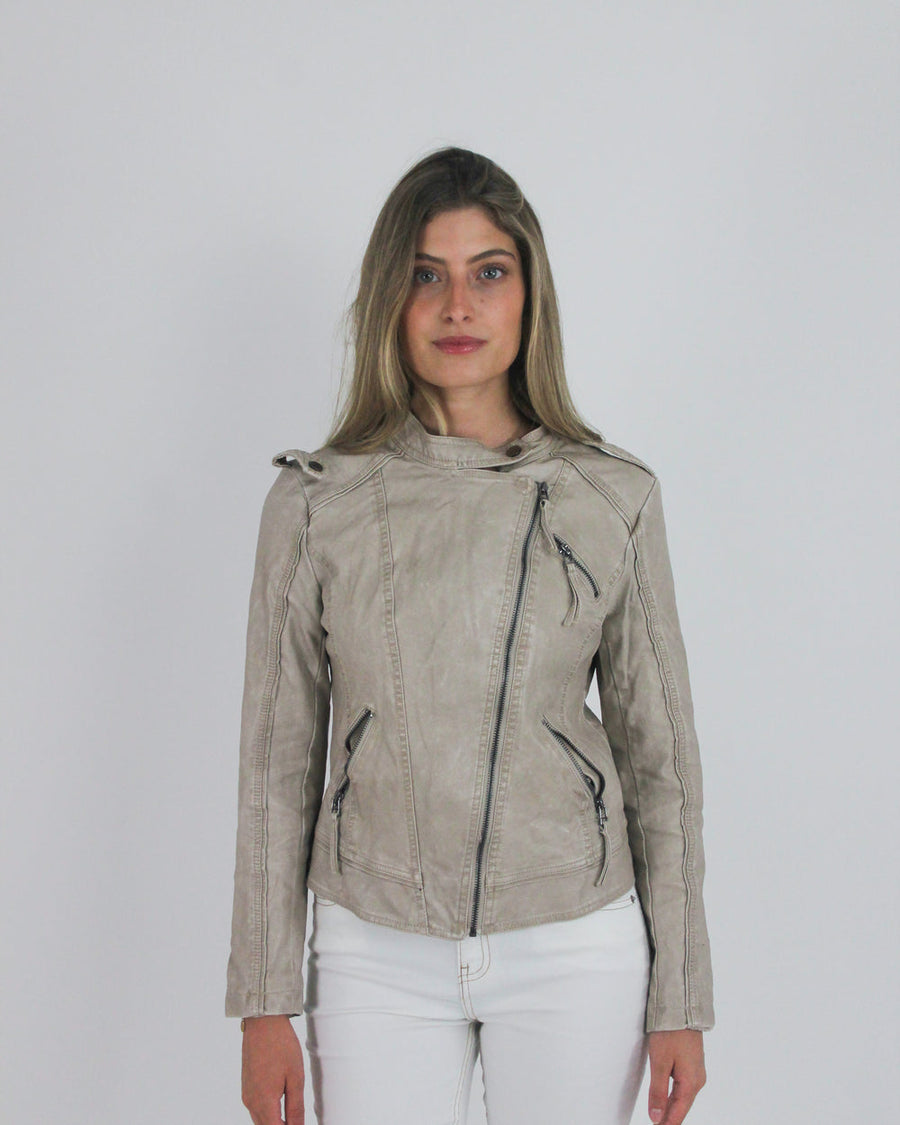 gossip girl drop | small taupe fitted leather-look jacket