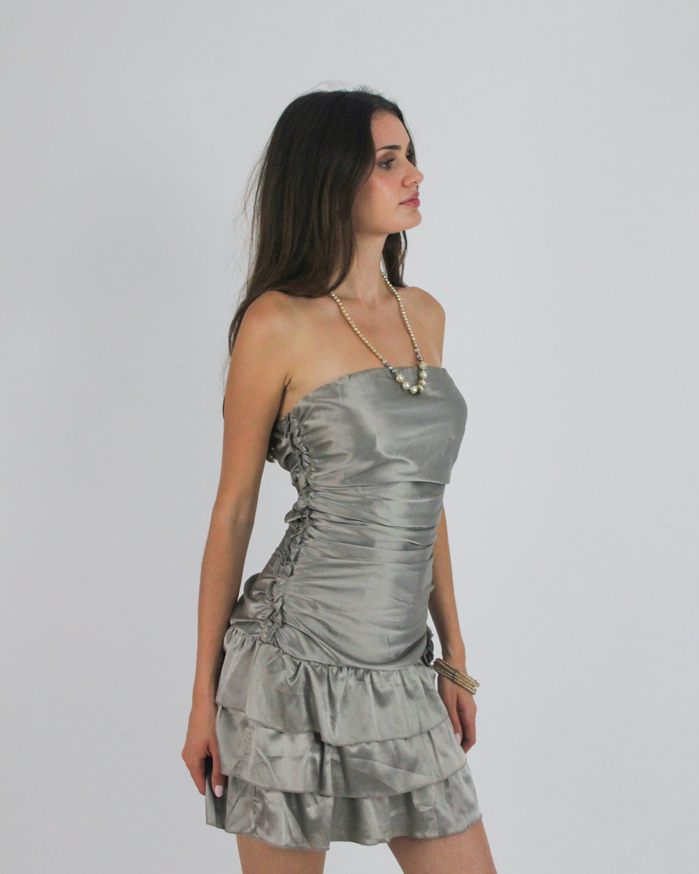 gossip girl drop | medium silver tiered satin-style mini dress