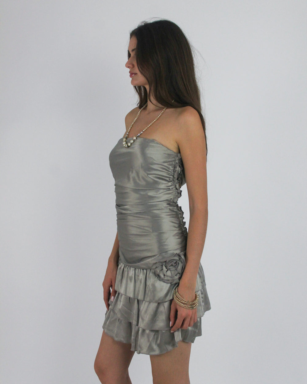 gossip girl drop | medium silver tiered satin-style mini dress