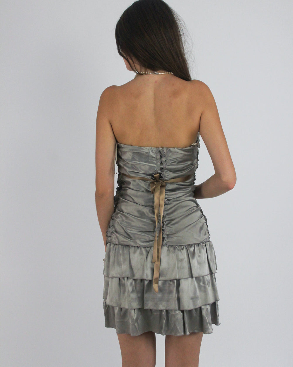 gossip girl drop | medium silver tiered satin-style mini dress
