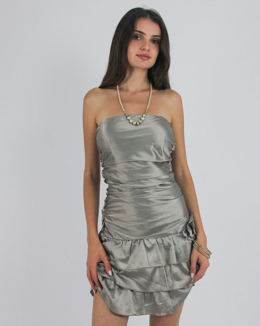 gossip girl drop | medium silver tiered satin-style mini dress
