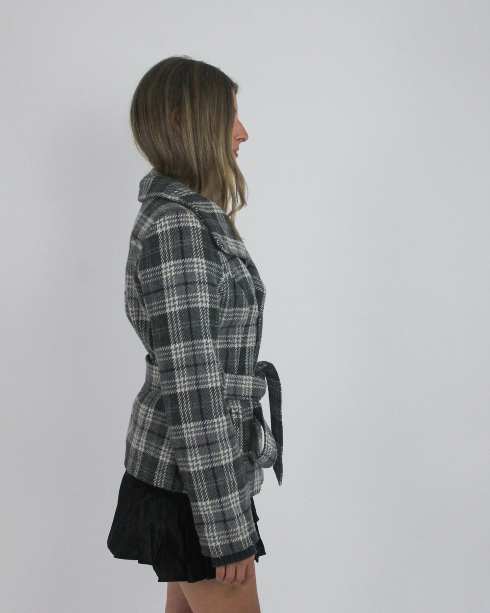 gossip girl drop | medium grey plaid belted jacket