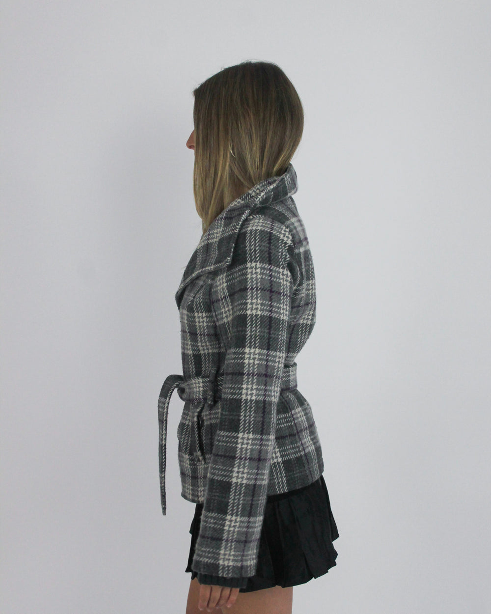 gossip girl drop | medium grey plaid belted jacket