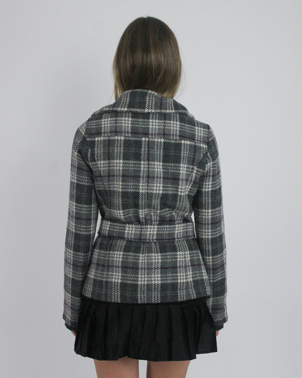 gossip girl drop | medium grey plaid belted jacket