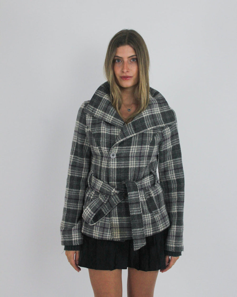 gossip girl drop | medium grey plaid belted jacket