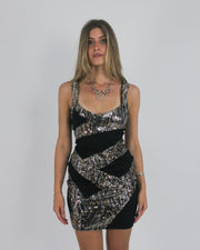 gossip girl drop | small/medium black, silver and gold sequin-panel mini dress