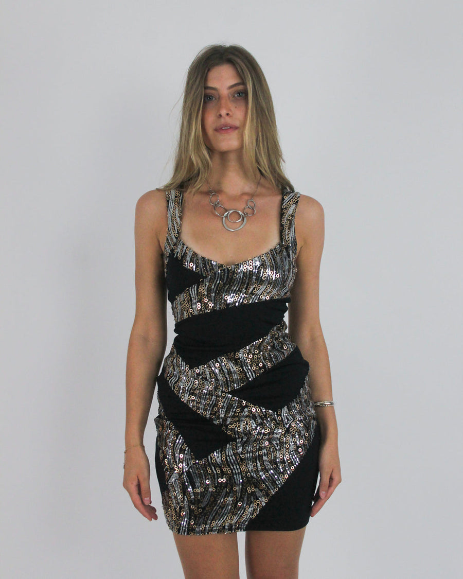 gossip girl drop | small/medium black, silver and gold sequin-panel mini dress