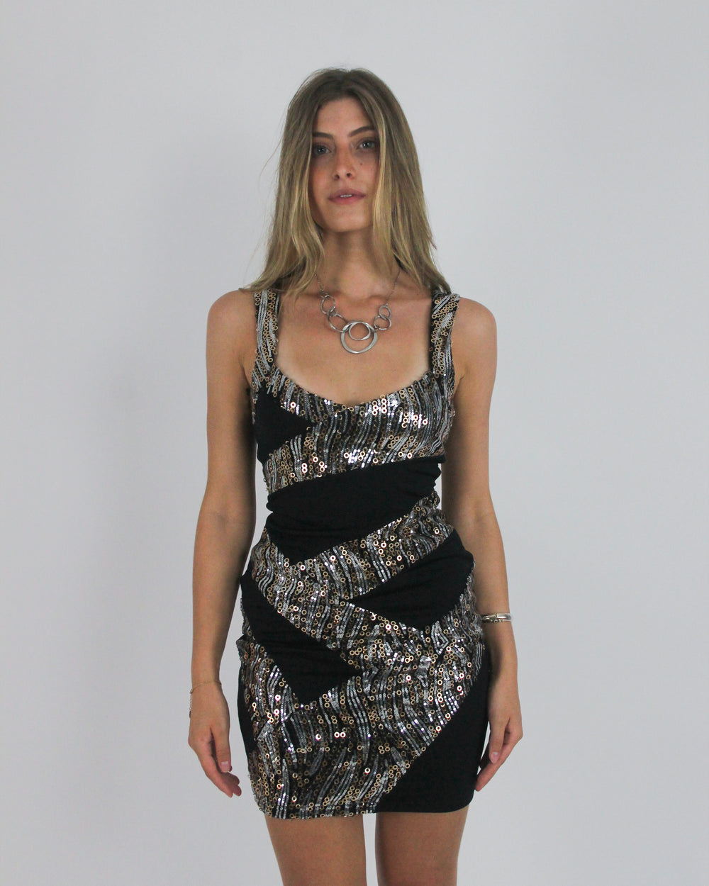 gossip girl drop | small/medium black, silver and gold sequin-panel mini dress