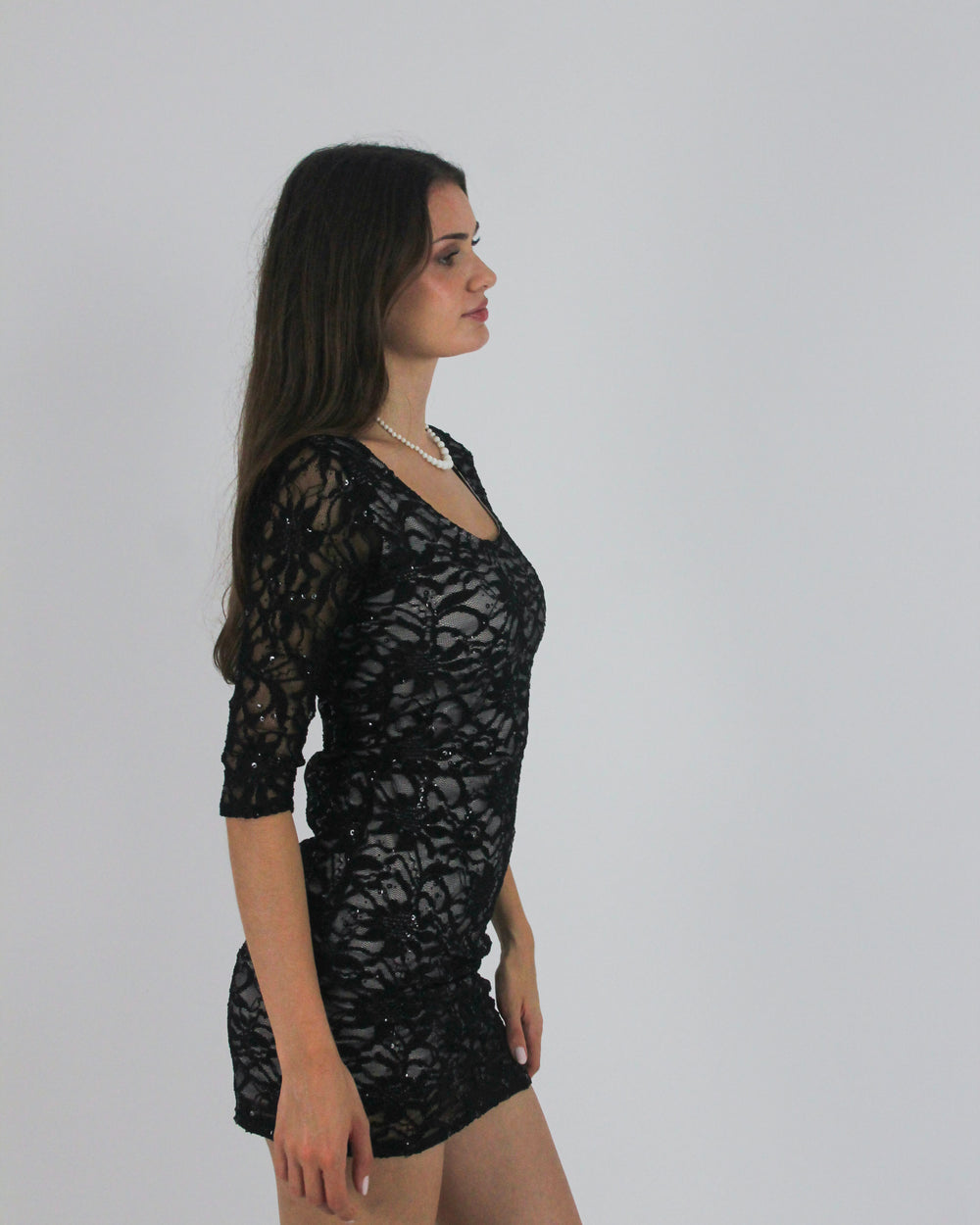 gossip girl drop | small black lace three-quarter-sleeve mini dress