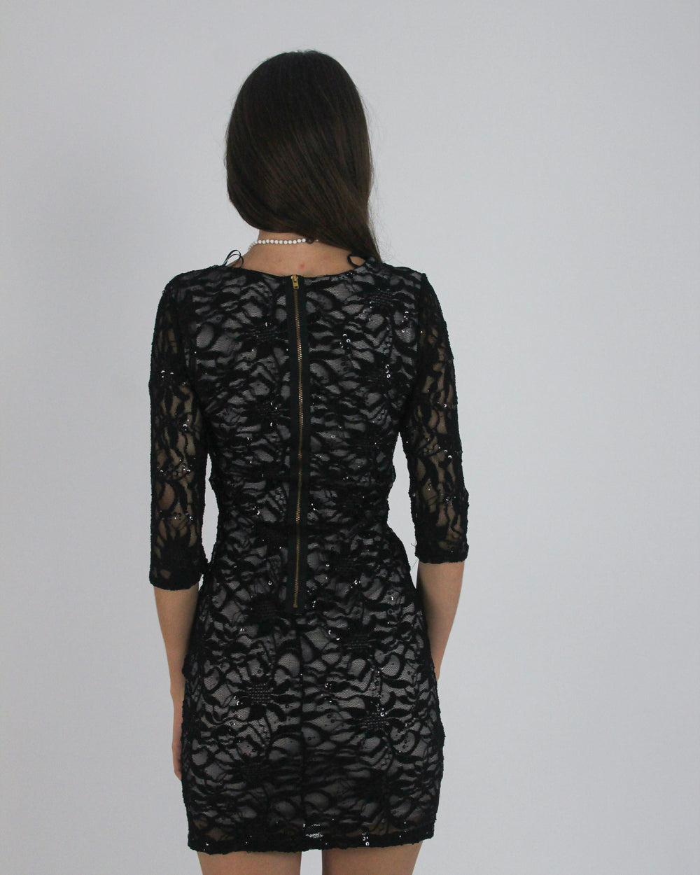 gossip girl drop | small black lace three-quarter-sleeve mini dress