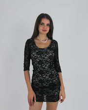 gossip girl drop | small black lace three-quarter-sleeve mini dress