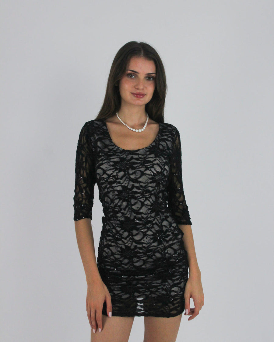 gossip girl drop | small black lace three-quarter-sleeve mini dress