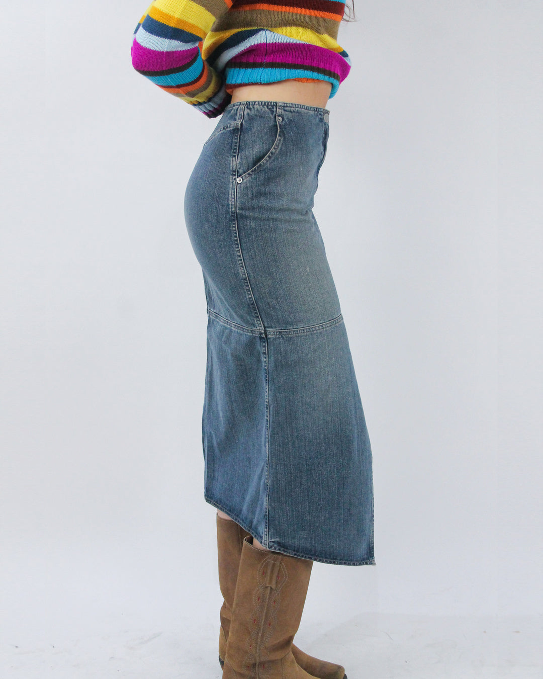 small blue front split denim midi skirt, opposite side view