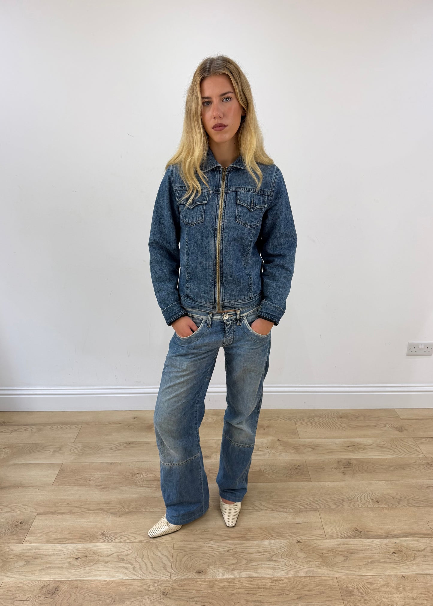 large mid blue denim jacket full front