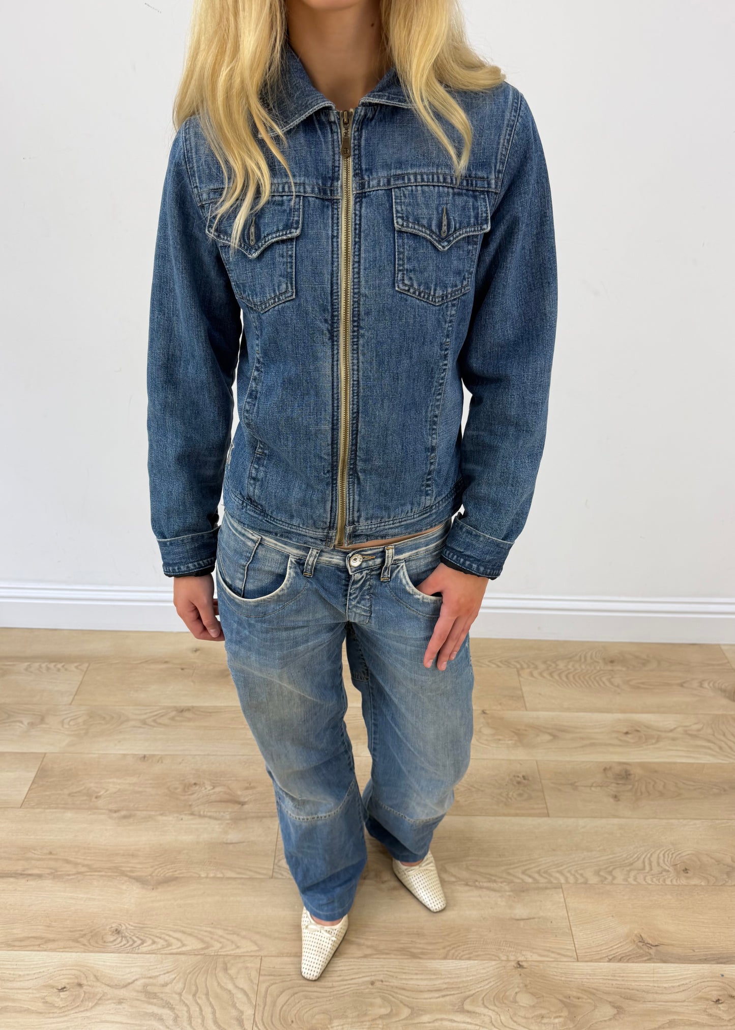 large mid blue denim jacket aesthetic close