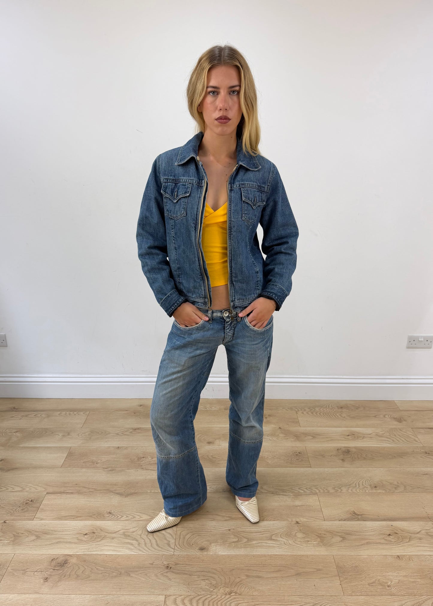 large mid blue denim jacket open front