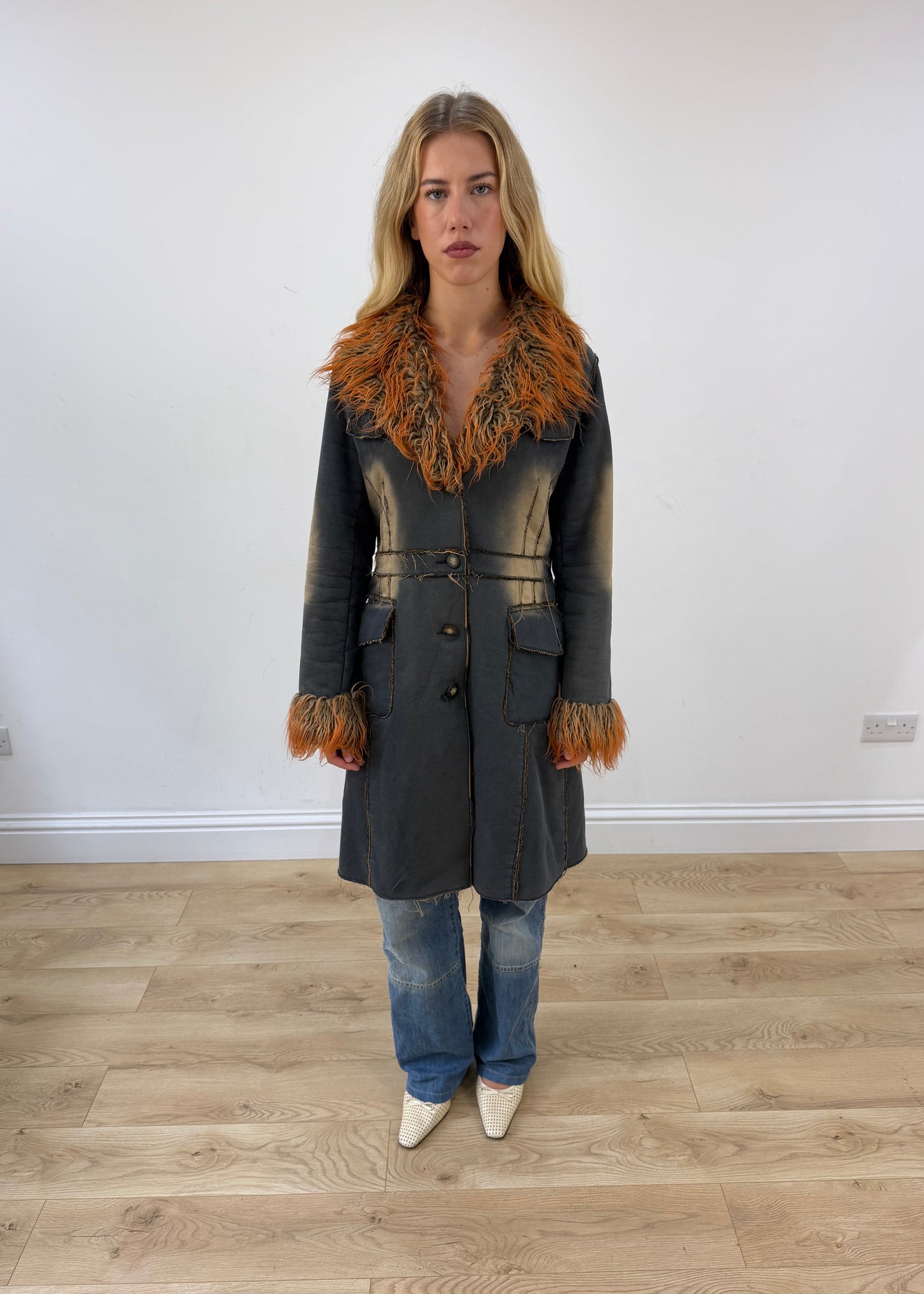 medium dark blue eva by moritz faux fur trim coat full front