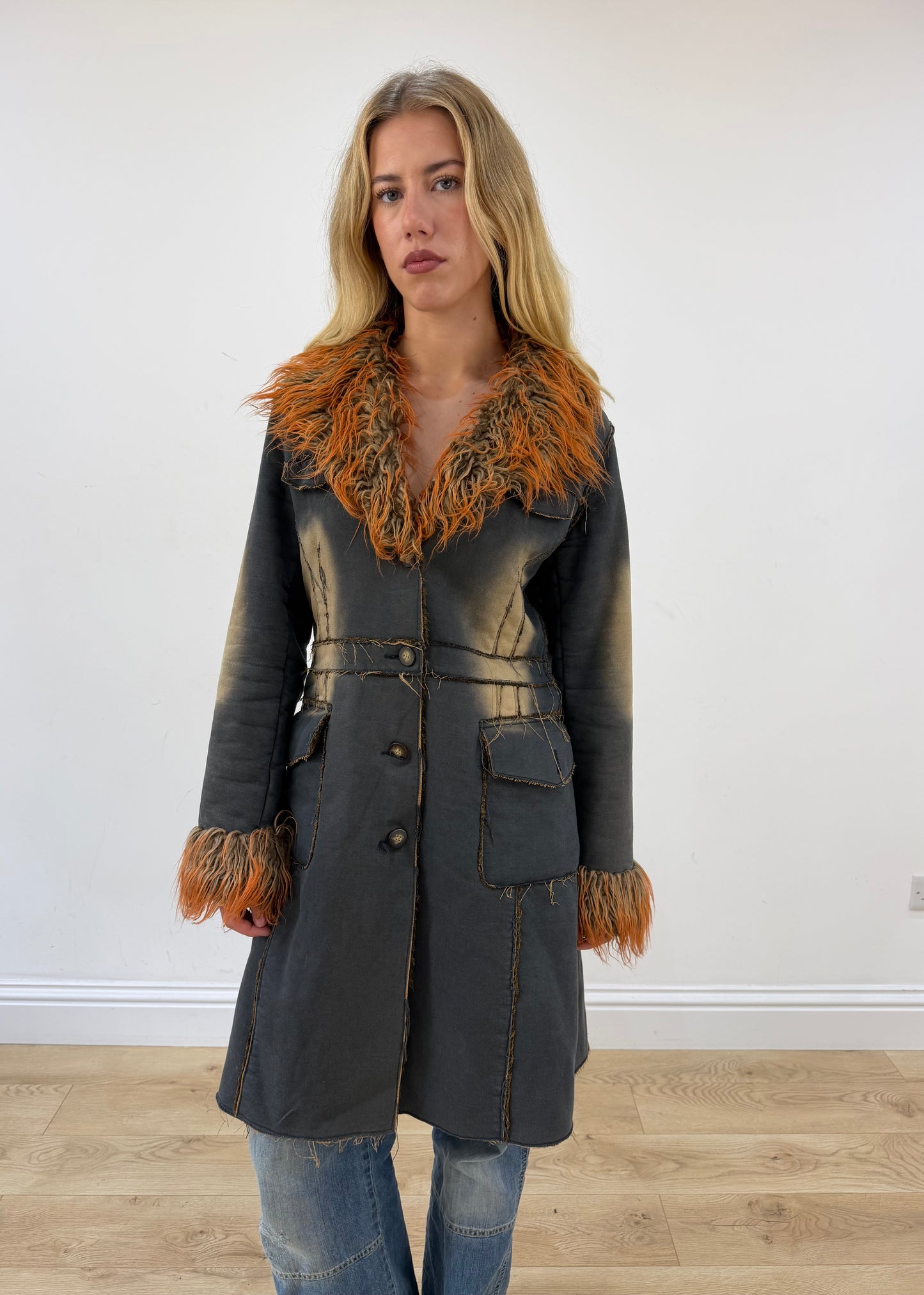medium dark blue eva by moritz faux fur trim coat front close