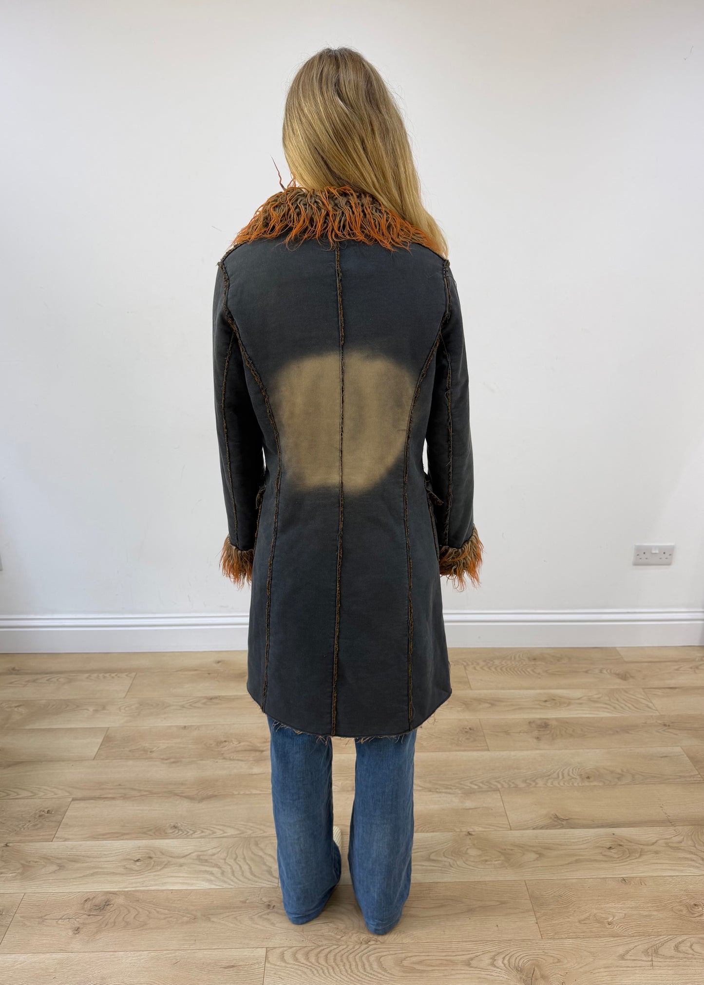 medium dark blue eva by moritz faux fur trim coat back