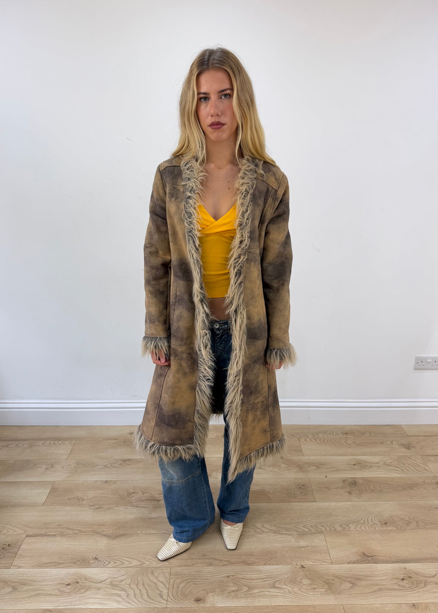 medium long khaki faux fur trim coat full front