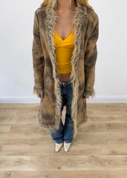 medium long khaki faux fur trim coat aesthetic close