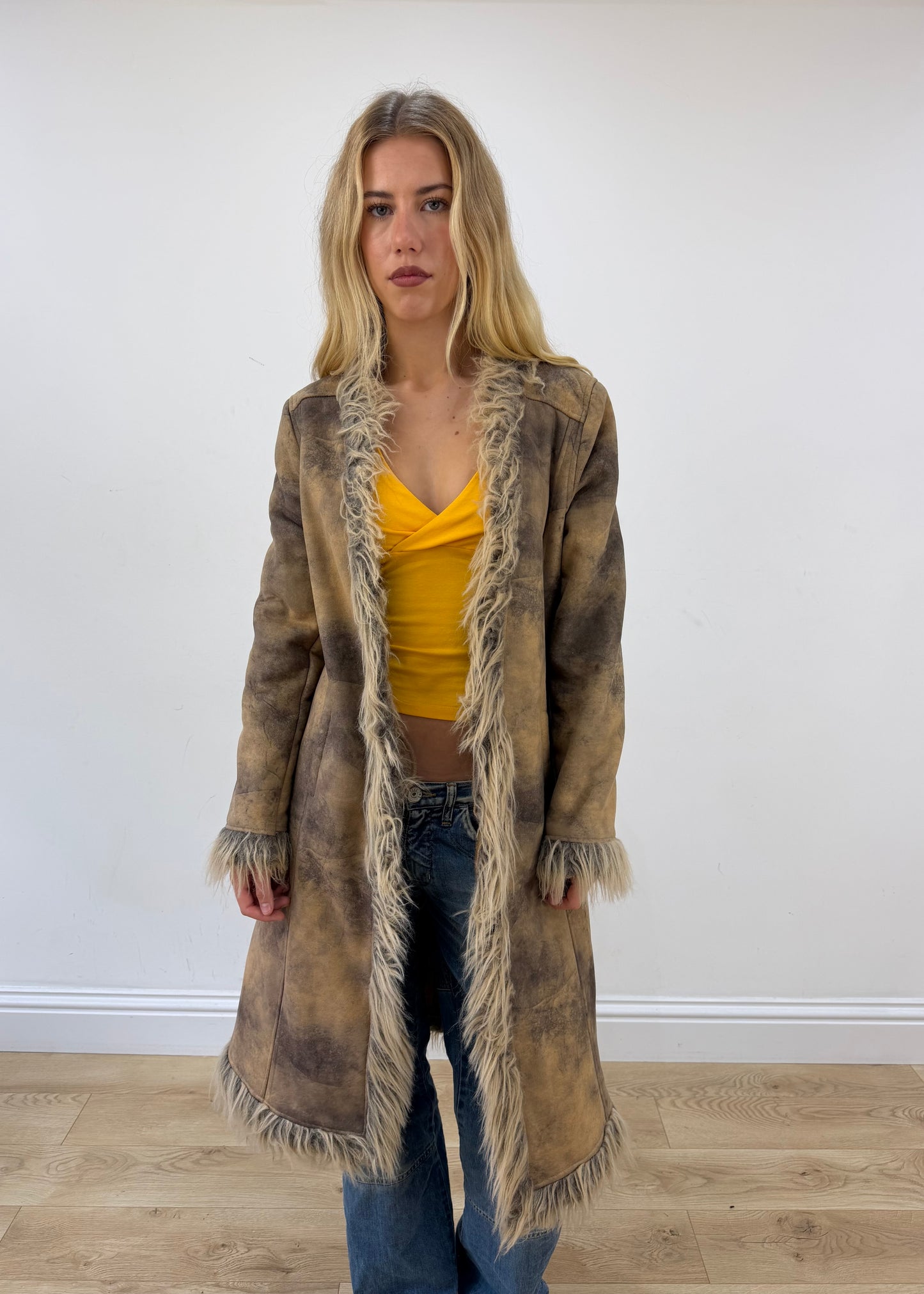 medium long khaki faux fur trim coat front close