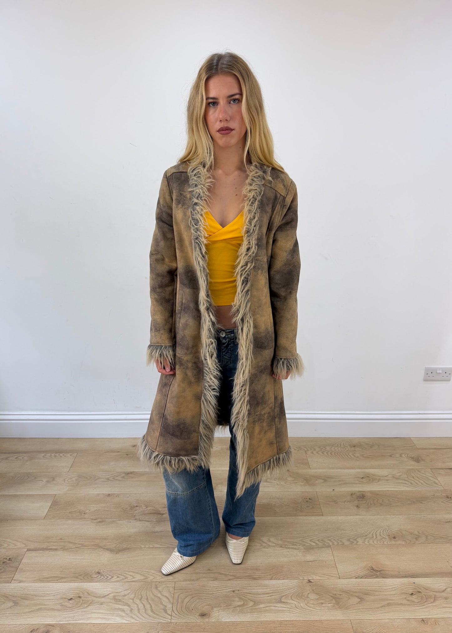 medium long khaki faux fur trim coat alternate front