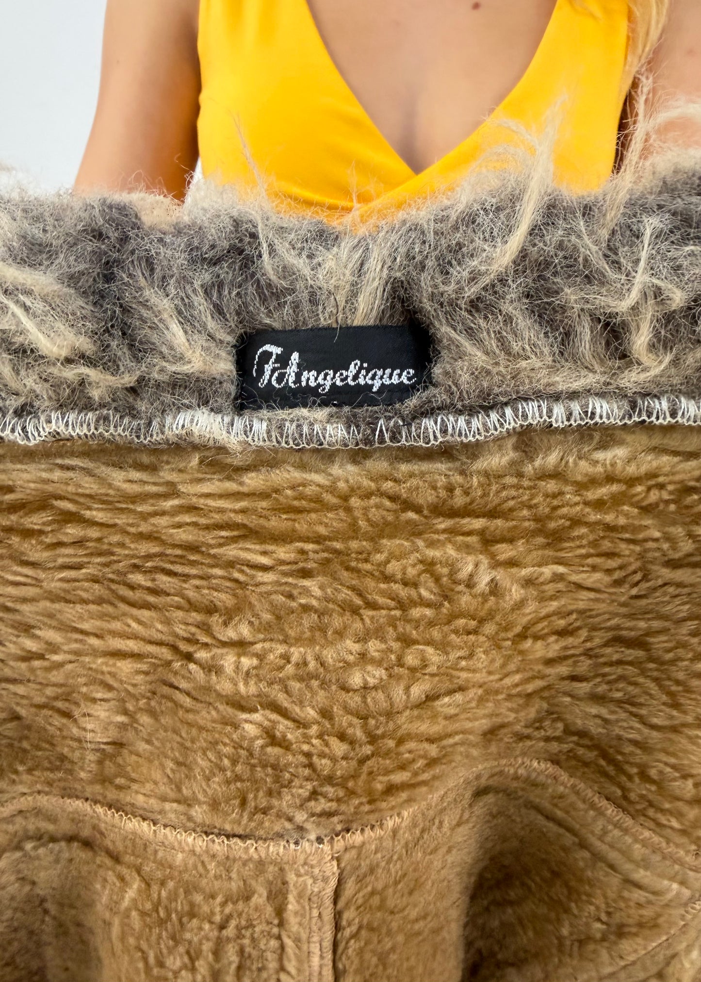 medium long khaki faux fur trim coat label