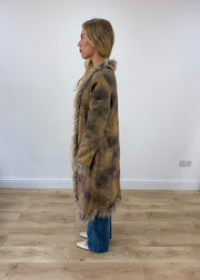 medium long khaki faux fur trim coat left side
