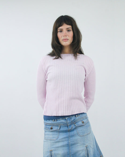 baby pink ribbed long sleeve jumper top, front view