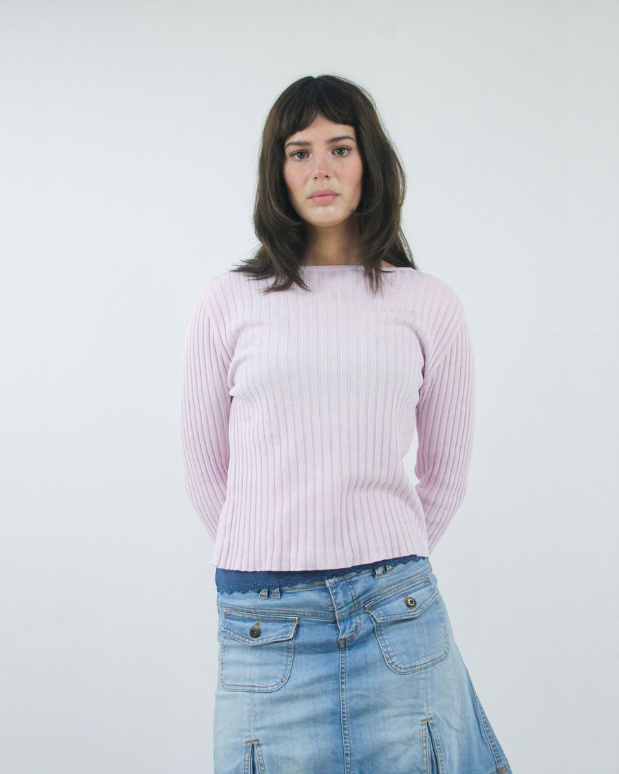baby pink ribbed long sleeve jumper top, front view