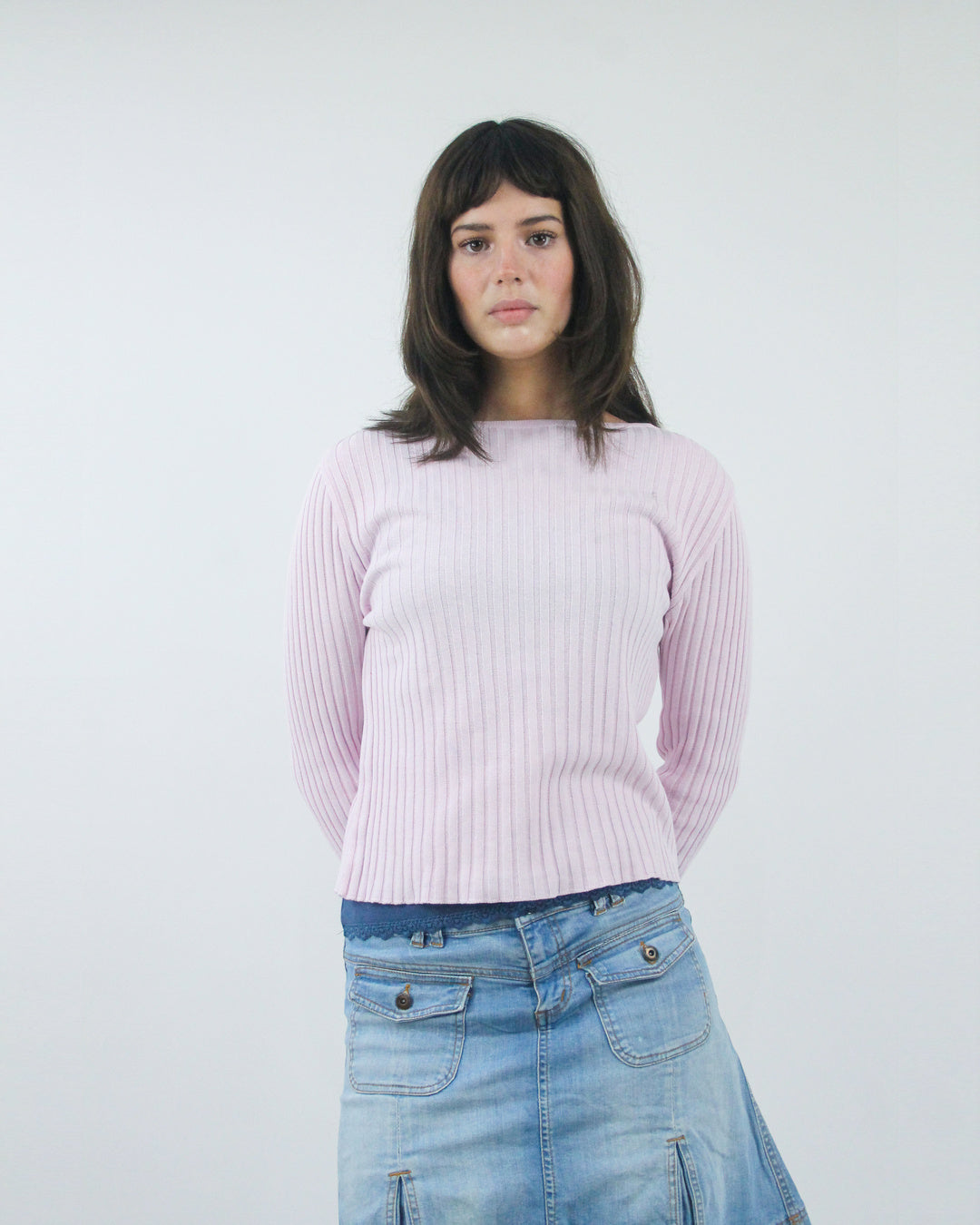 baby pink ribbed long sleeve jumper top, front view