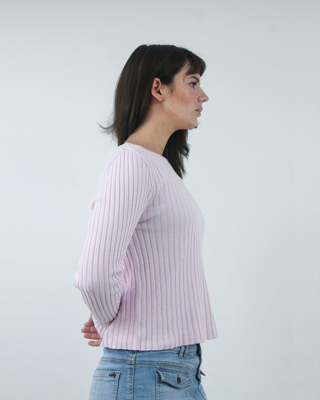 baby pink ribbed long sleeve jumper top, detail view