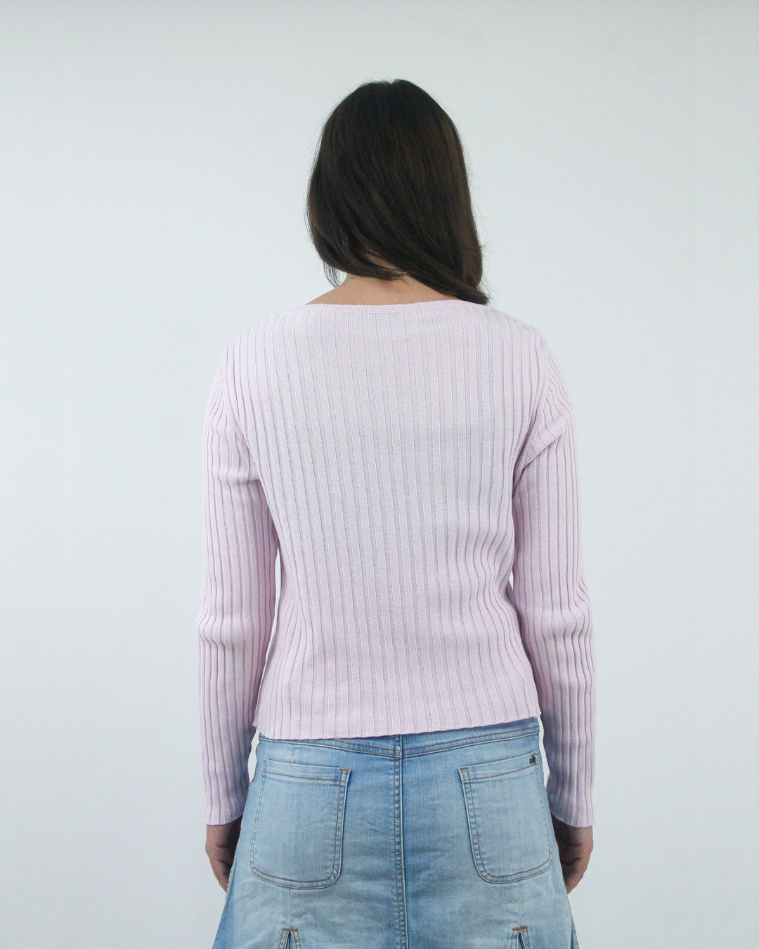 baby pink ribbed long sleeve jumper top, back view