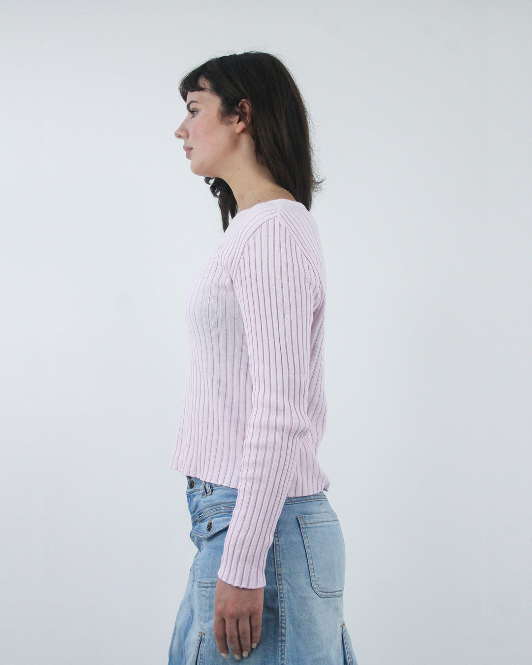 baby pink ribbed long sleeve jumper top, side view