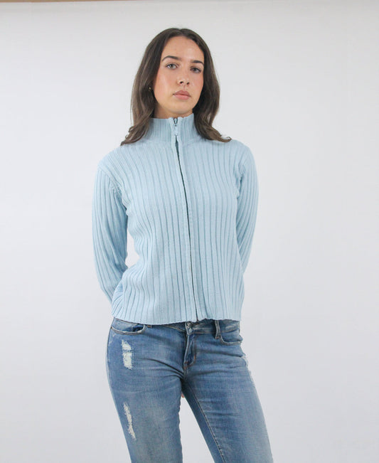 light blue ribbed half zip jumper, detail view