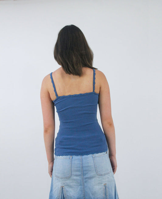 navy blue lace trim camisole top, back view