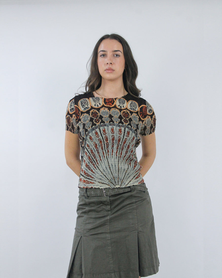 black and brown ornate print short sleeve top, detail view